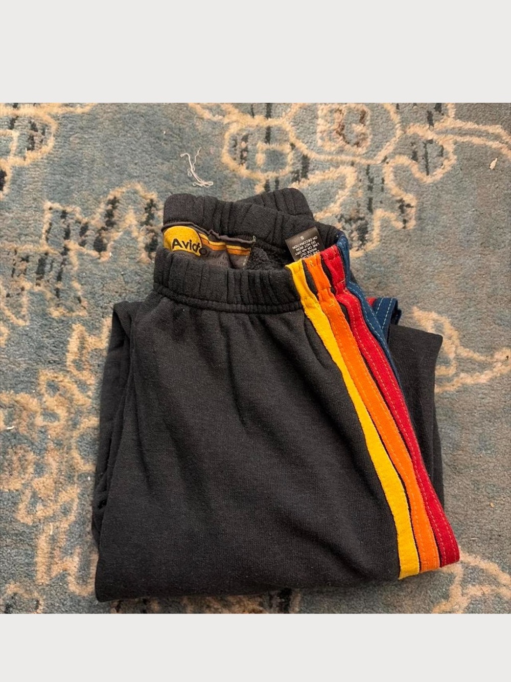 Aviator Nation charcoal Sweatpants with Red, Orange & Yellow Stripes